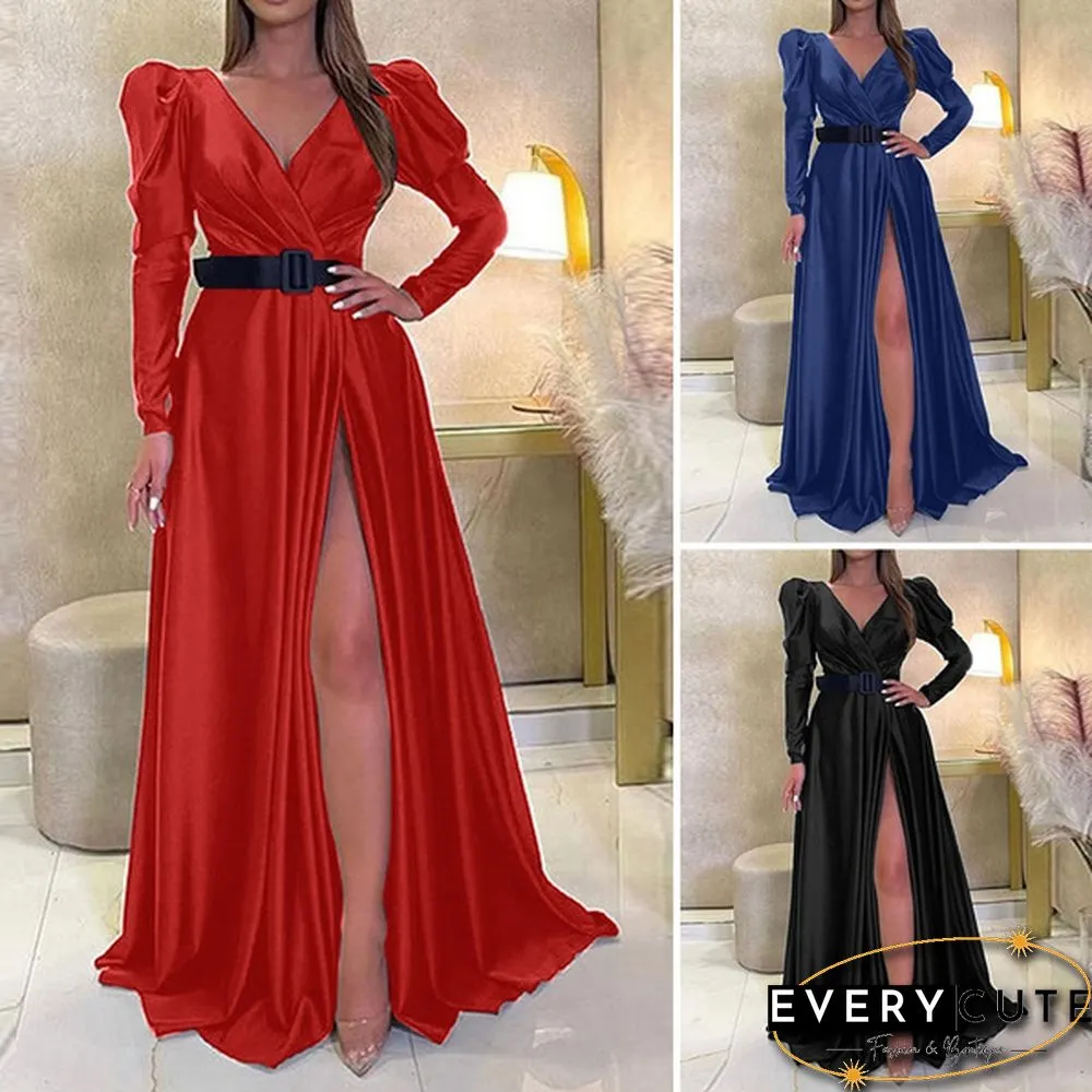 Womens V-Neck Cocktail Prom Sexy Kaftan Evening Split Silky Satin Maxi Dress Party Plus