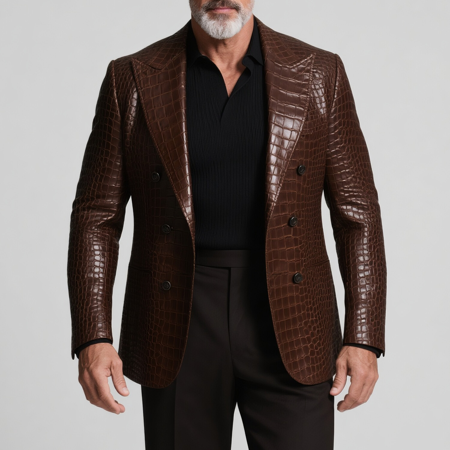 Men's Retro Peaked Lapel Long Sleeve Double Breasted Crocodile Pattern PU Leather Blazer