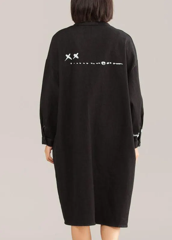 Classy Cotton quilting clothes Vintage Black Casual Cotton Graffiti Arrow Loose Dress