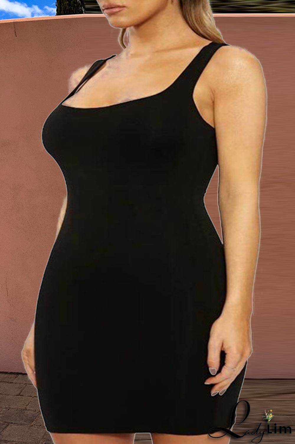 Black Sexy Solid Patchwork Square Collar Pencil Skirt Dresses