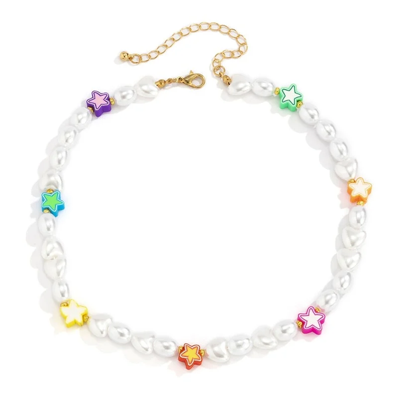 Vintage Y2K Flowers Charms Pearl Choker Necklace For Women Boho Colorful Beaded Clavicle Chain Short Necklaces Jewelry Gift