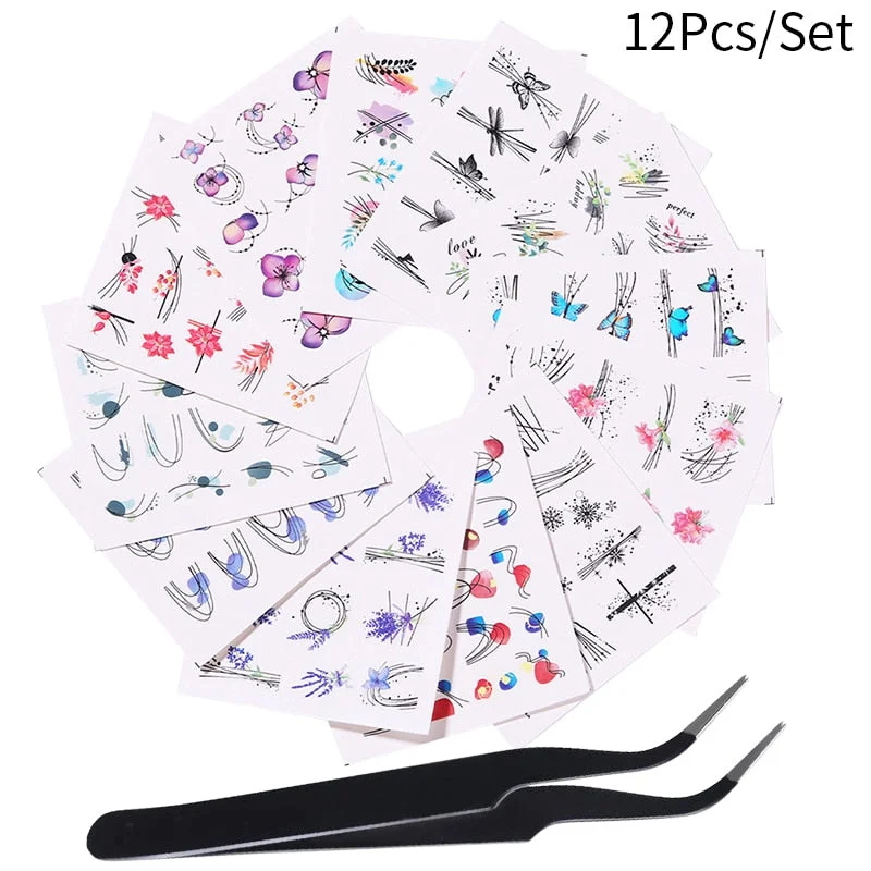 1 Tweezers +12 Water Decals Stickers Spring Summer Flower Leaves Butterfly Geometric Lots Nail Art Tattoo Decorations Manicures