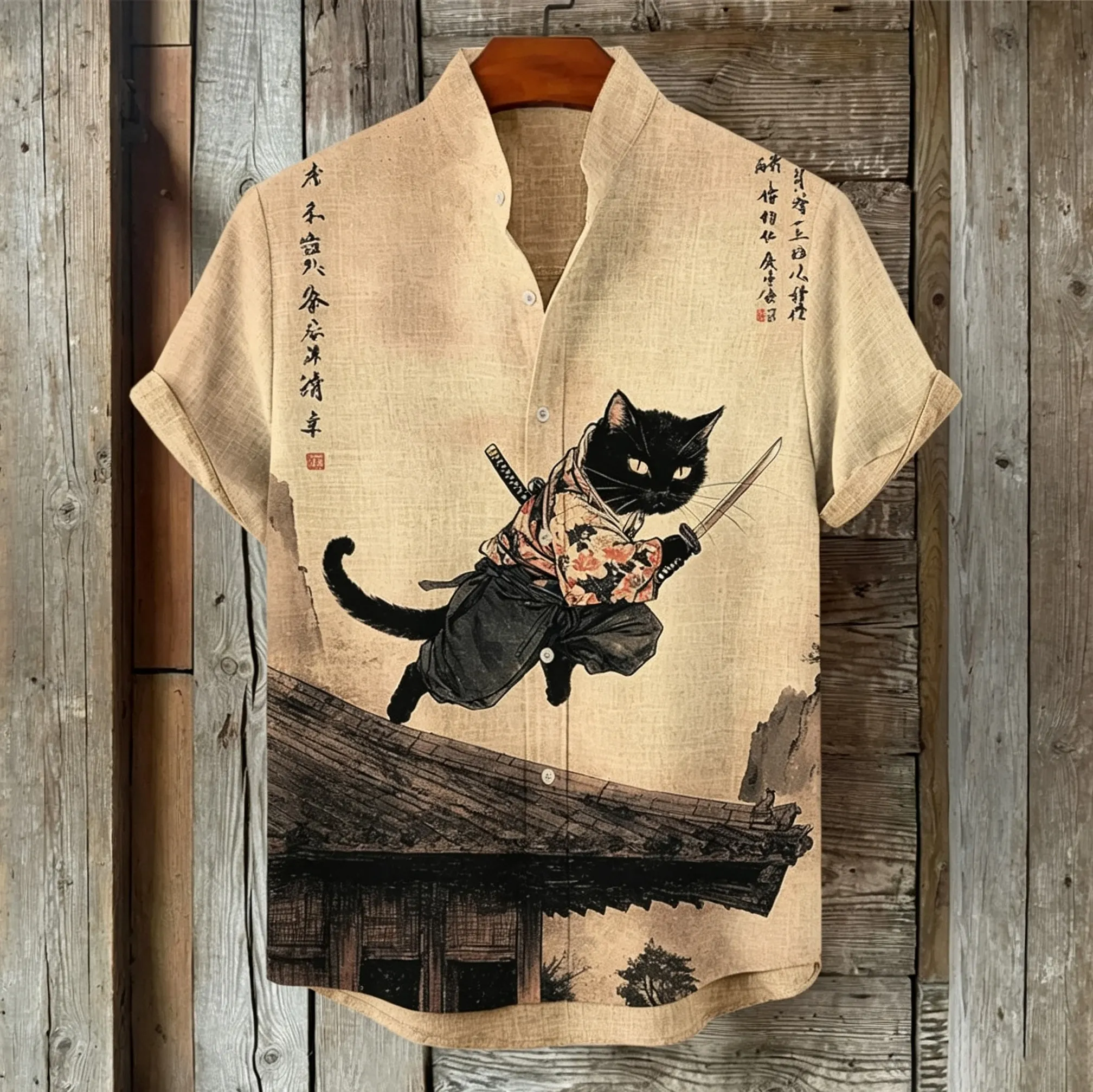 Men's Retro Samurai Cat Print Linen Blend Short-sleeve Shirt  artssus