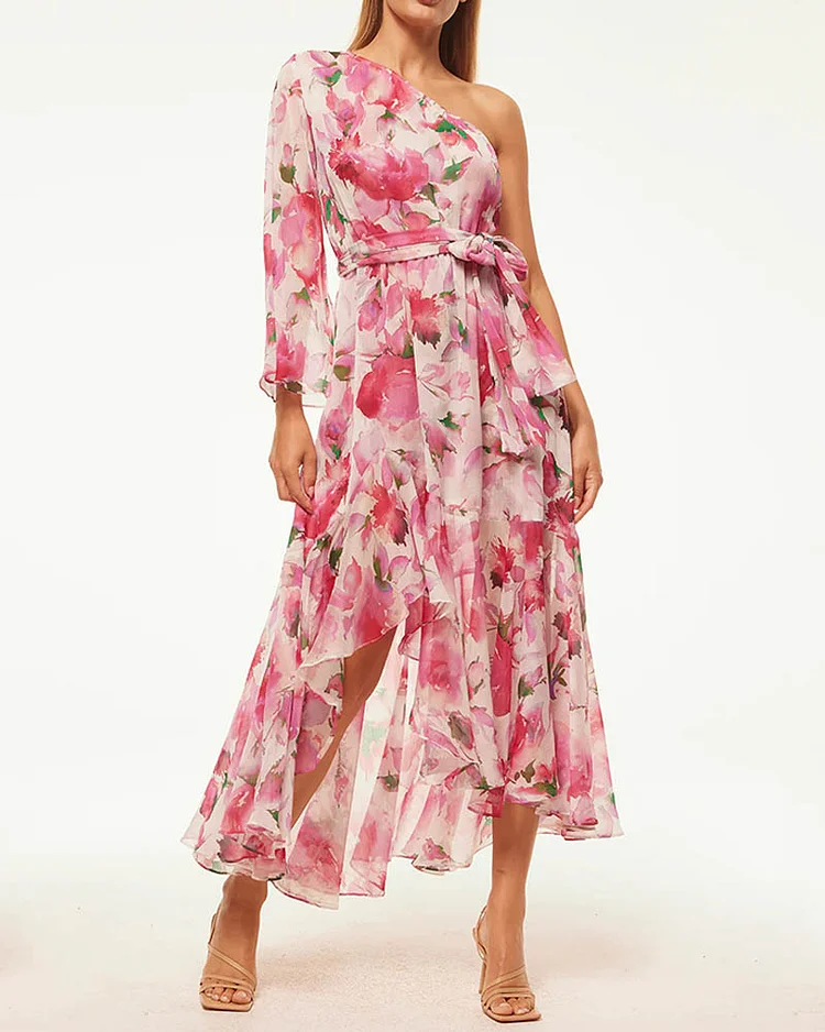 Women's Fashionable Floral Print One Shoulder Long Sleeve Dress