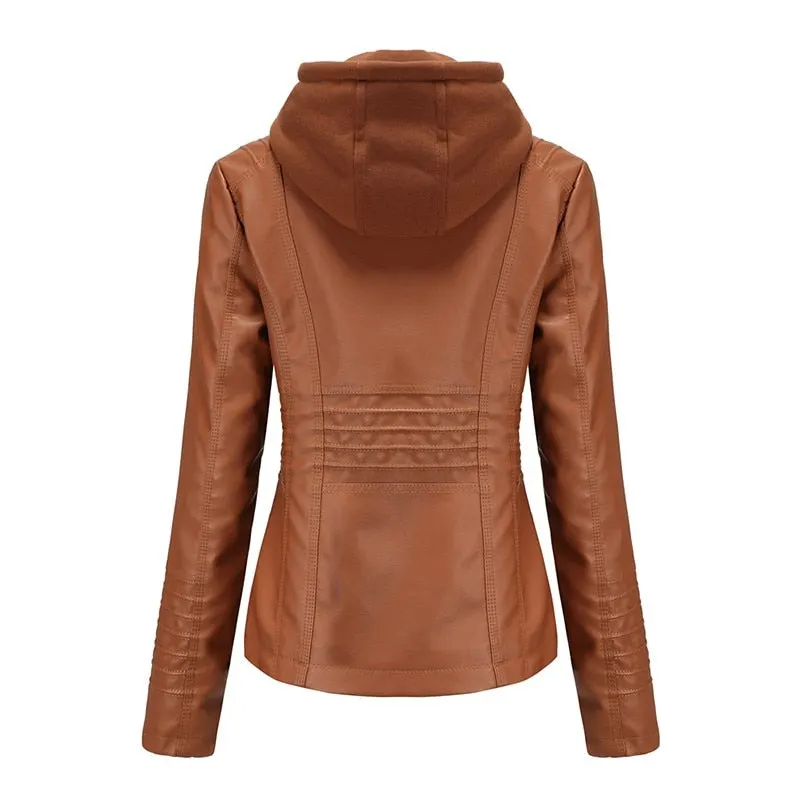 Autumn Winter Pu Faux Leather Jacket Black Women Street Moto Biker Leather Coat Hooded Jacket Lady Oversize Casual Outerwear