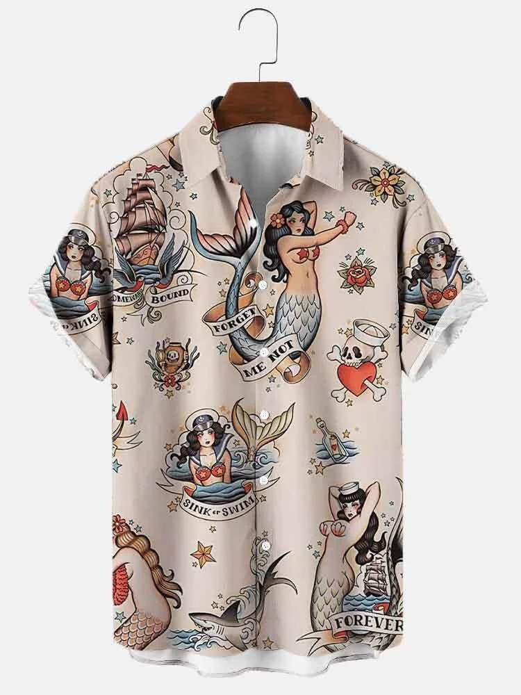 Men's Vintage Mermaid Print Casual Breathable Short Sleeve Hawaiian Shirt socialshop