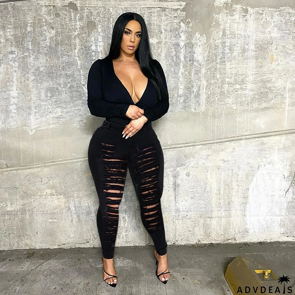 Spring Denim Pants Ripped Plain Black Denim Trousers Women's Jeans