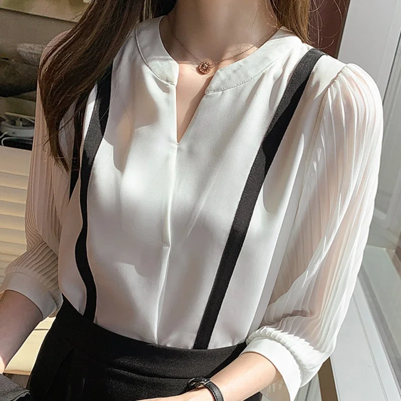 Blouses Femme Top Summer Short Sleeve Blouse Women Blusas Mujer De Moda 2021 Verano V-Neck White Chiffon Blouse Shirt Tops E714