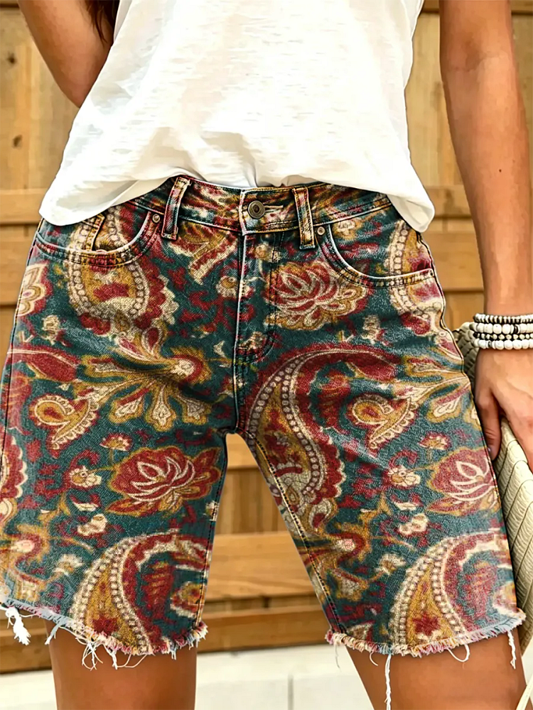 Women's Classic Paisley Floral Print Frayed Hem Denim Bermuda Shorts