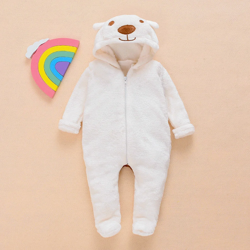 Autumn And Winter Sweet Bear Solid Printed Long Sleeve Baby Hoodie Jumpsuit