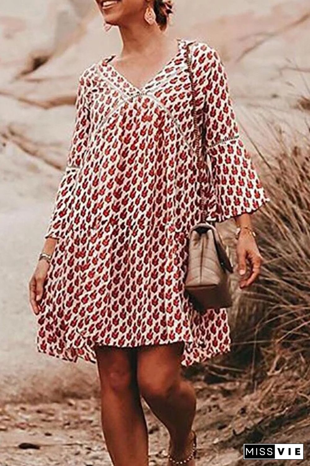 V-Neck Flare Three Quarter Sleeve Dress