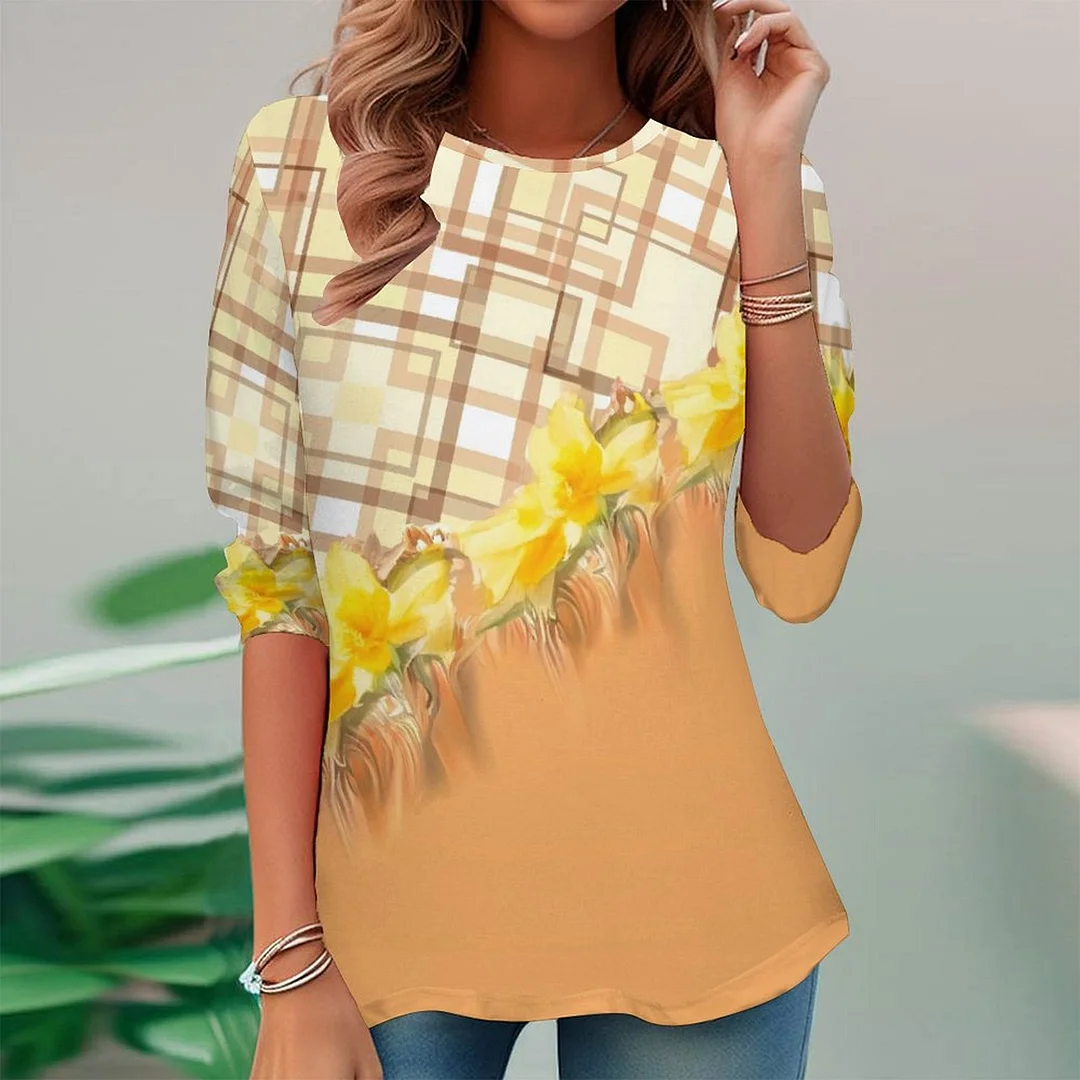 Vintage Printed Long Sleeve Plus Size Tunic for  Women and Men Unisex Pattern Yellow,Plaid,Floral