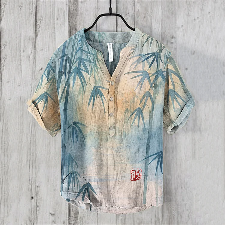 Japanese Art Bamboo Print V-Neck Linen Blend Shirt