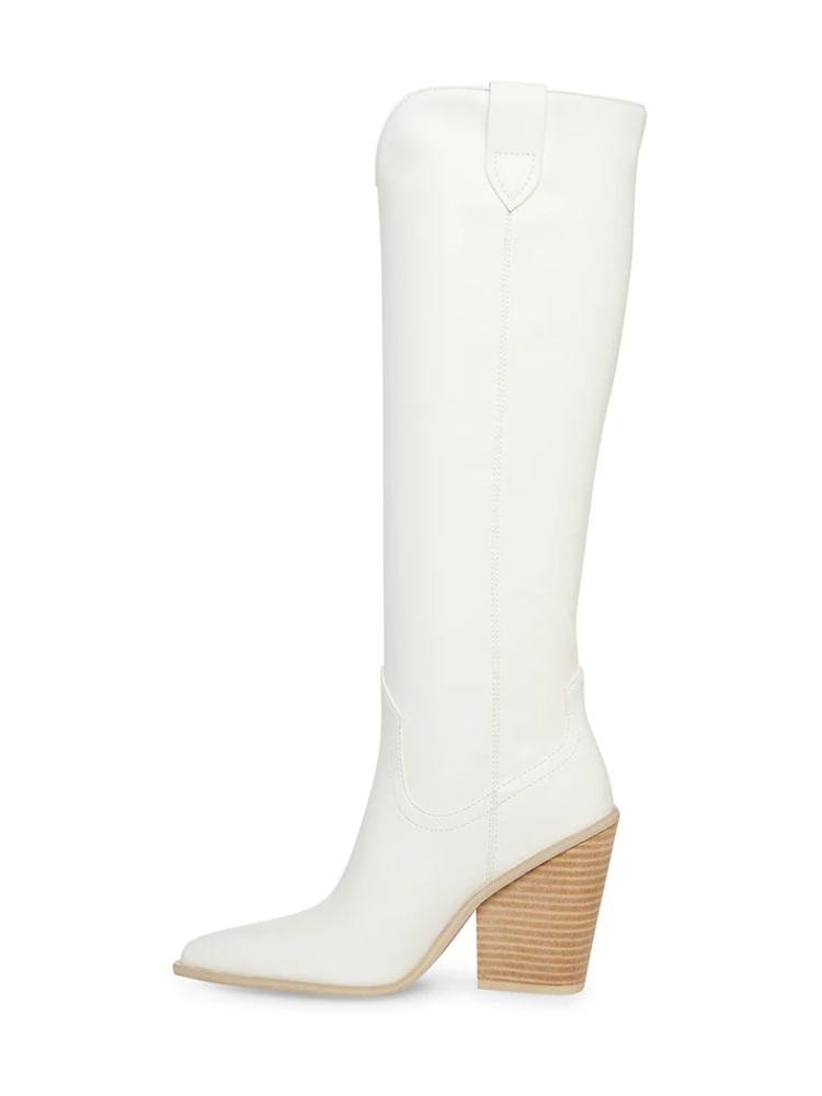 White Pointed Toe Slanted Block High Heel Western Cowgirl Mid Calf Boots