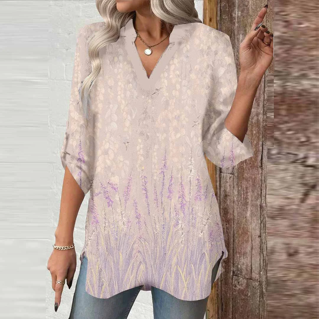 Women Floral, Pink DZGA0596 3/4 Sleeve V-neck Printed Graphic Button Tops