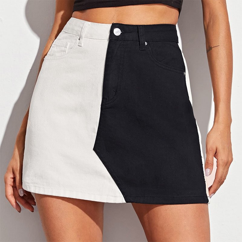   Fashion Black And White Block Denim Skirt - Neojana