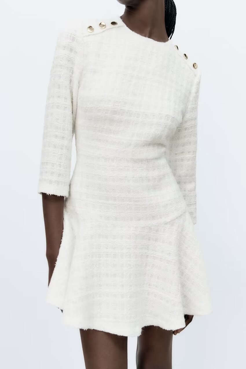Women’s Autumn Winter Crew Neck Slim Fit Buttoned Decorative Texture Short Dress