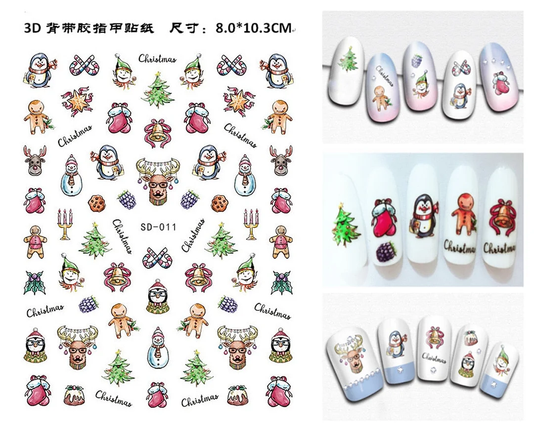 3D Christmas Autumn Winter Nail Sticker Santa Claus Elk Snowman Christmas Tree Star Deer Sliders Manicure Art Gel Polish Decals-Nail Inspo