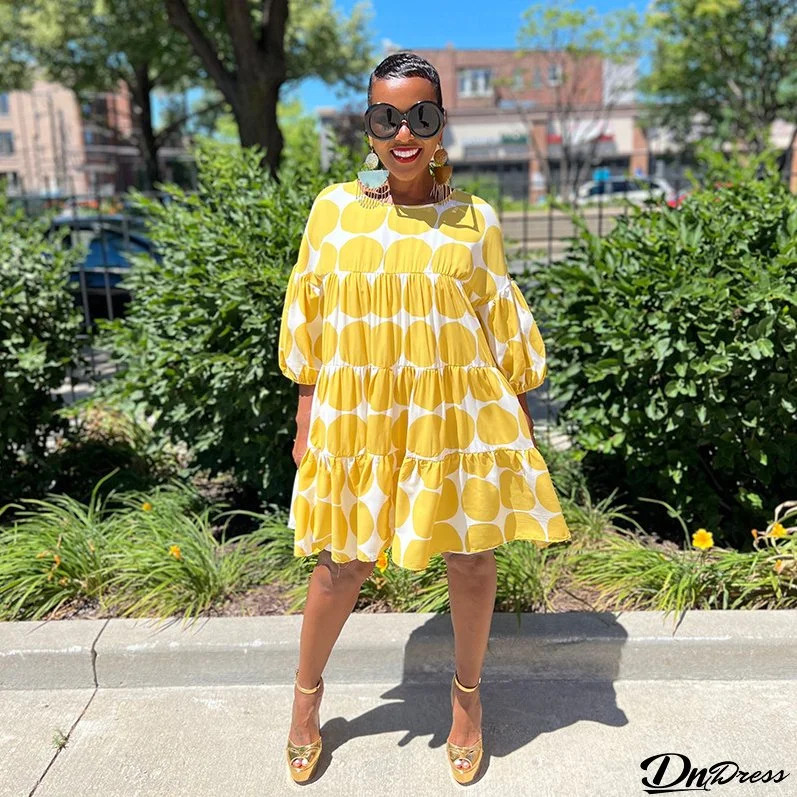 Summer Women Large Polka Dot Loose Round Neck Half-Sleeve Pleated Dress