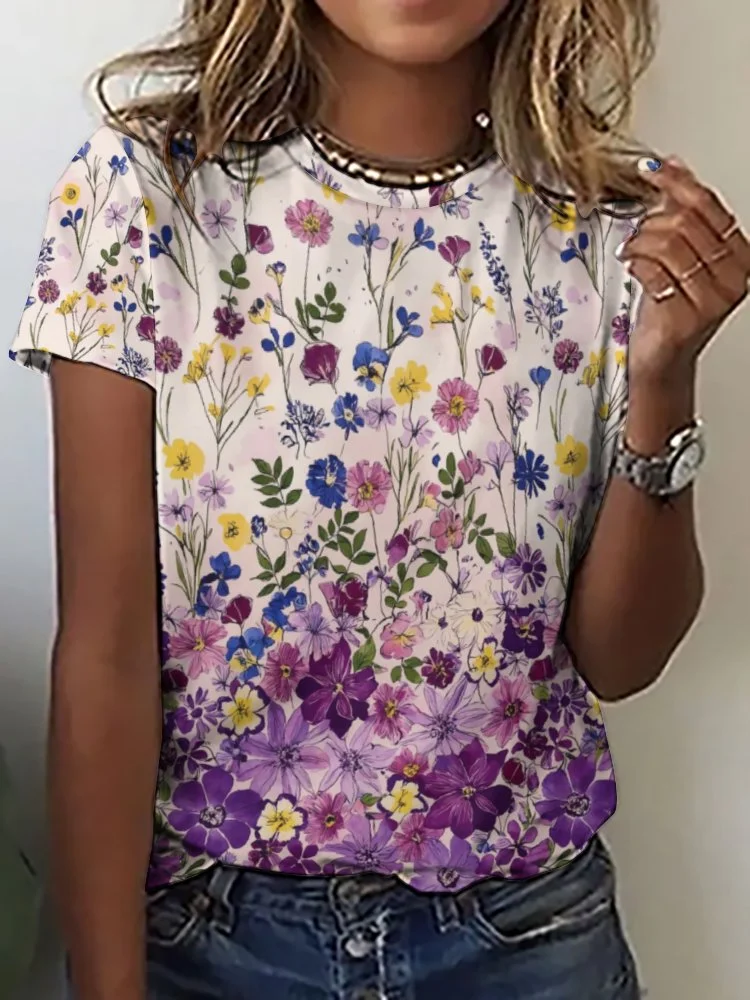Printed Short Sleeve Casual T-shirt for  Women and Men Unisex Pattern Floral, Red, Colorful, Purple