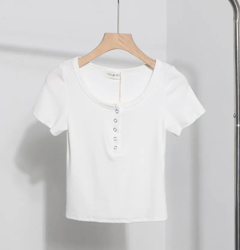 Uveng Explosion Recommended Spice Girls Shoulder Short Sleeve T-Shirt Girl Summer Body Tight Short Buckle Buckle Coat 6657
