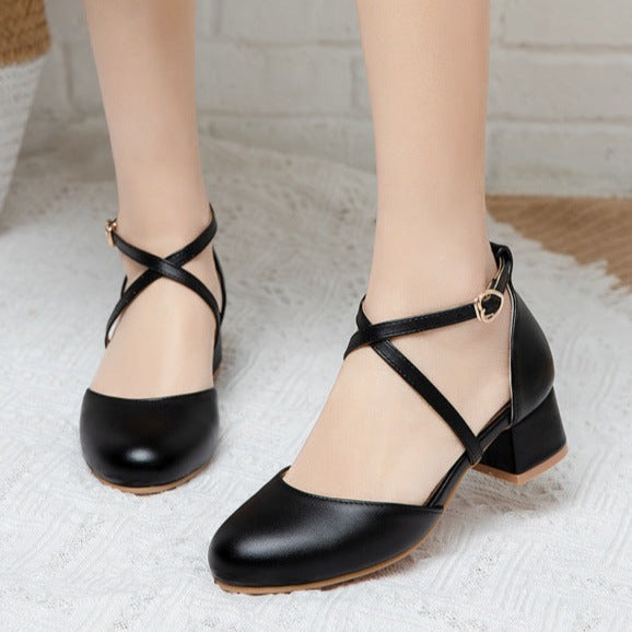 Sweet criss cross strap closed toe round toe medium block heels loafers shoes