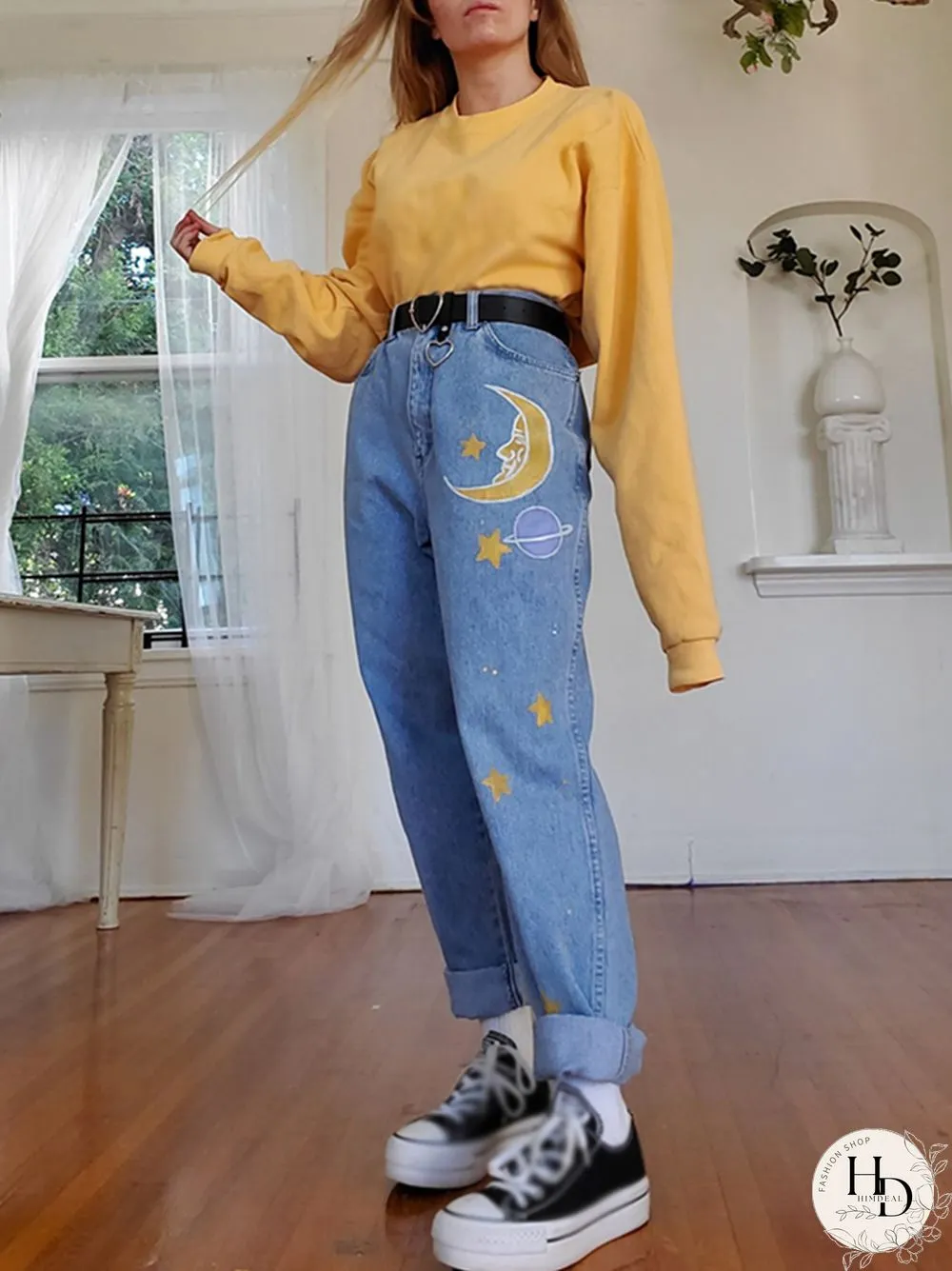 Fashion Printed Color High-Waist Jeans