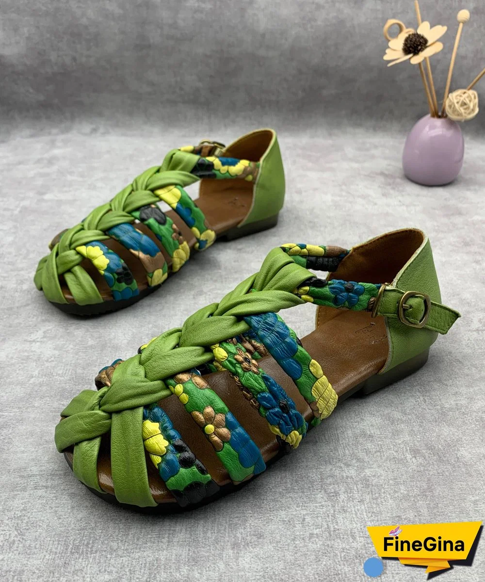 Cowhide Leather Handmade Hollow Out Splicing Green Walking Sandals