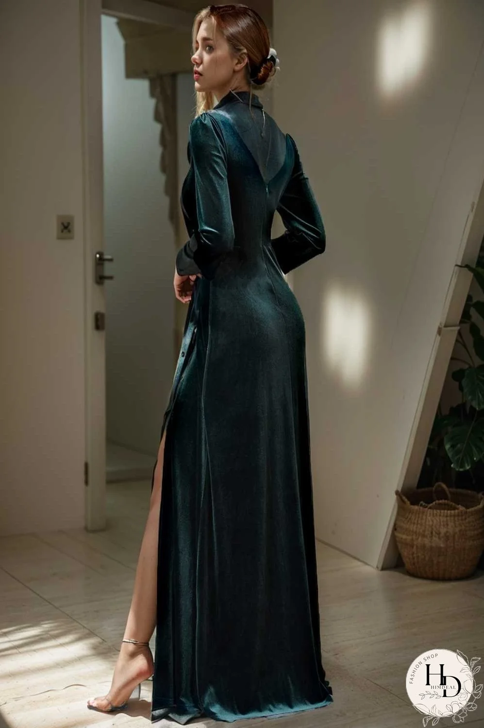 velvet 3 4 length sleeve illusion v neck front slit evening dress