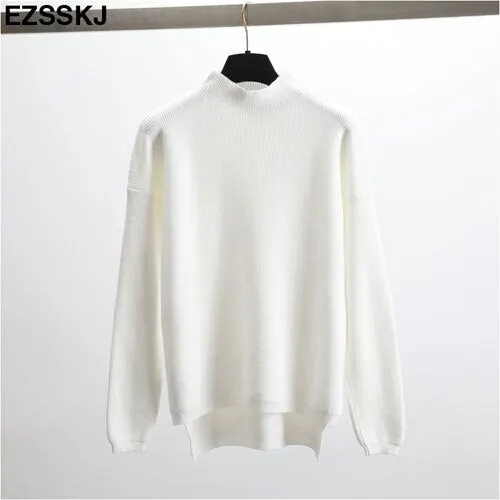Korean Style Loose Sweater Women Pullover Casual Half Turtleneck Long Sleeve Oversized Knit Sweater Female Jumpers Split solid