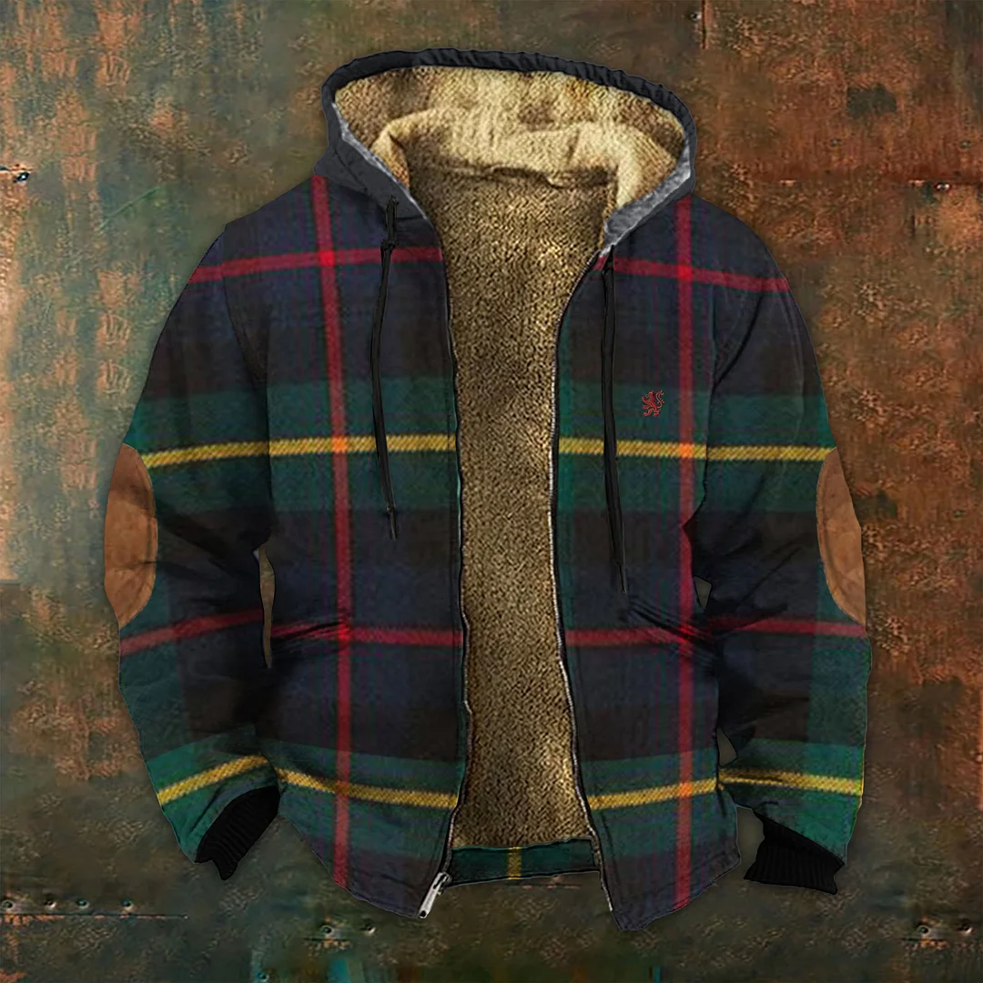 Scotland Lion Embroidered Plaid Casual Zip Hoodie