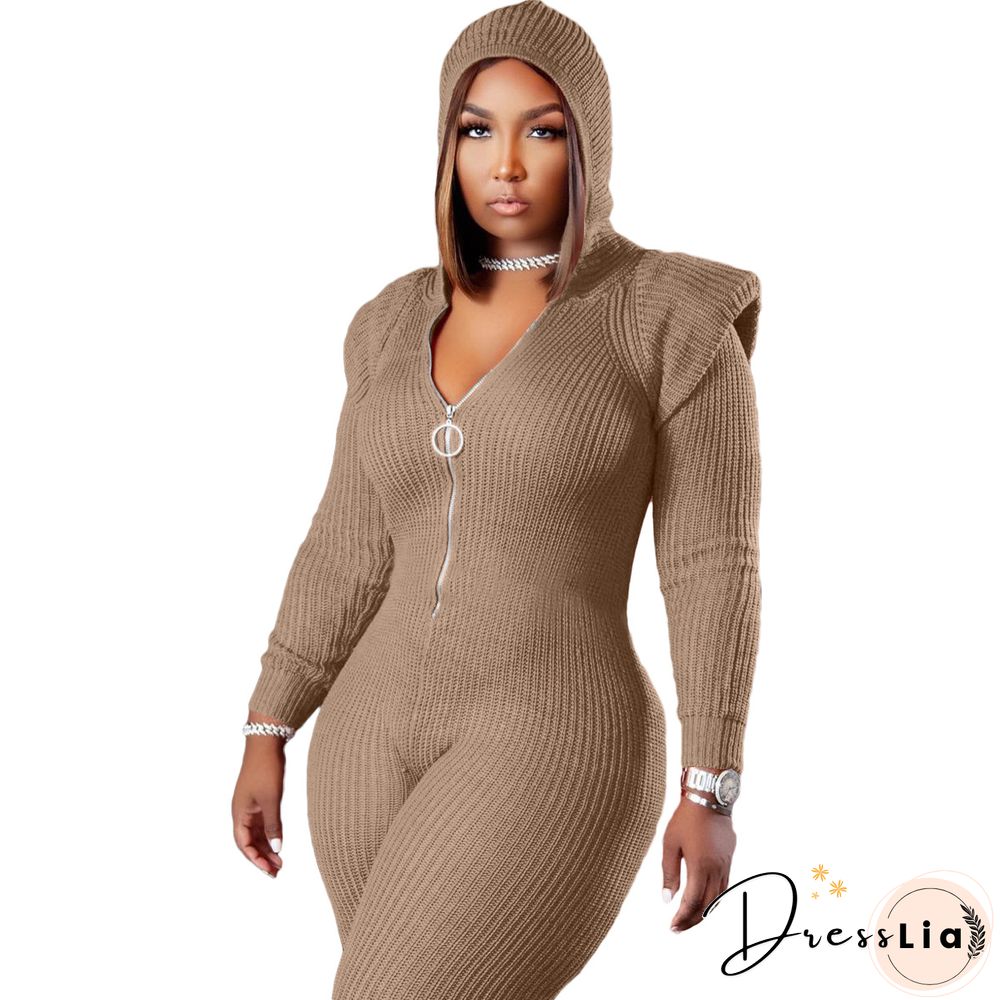 Knitted Long Sleeve Shoulder Padded Hooded Jumpsuit