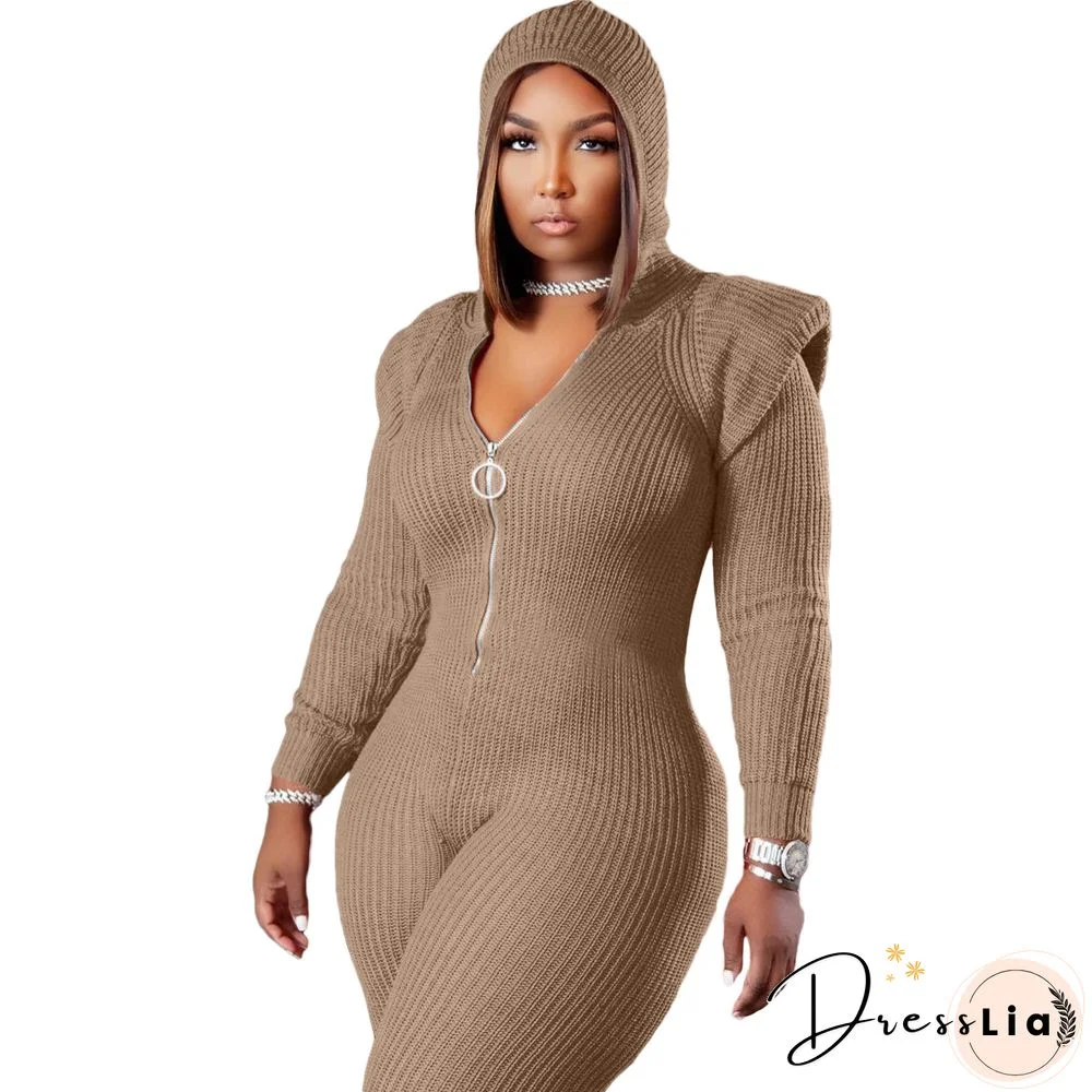 Knitted Long Sleeve Shoulder Padded Hooded Jumpsuit