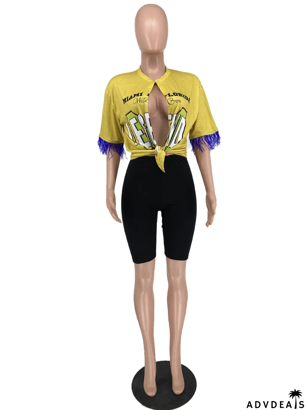 Print Cardigan Fur Short Sleeve T-shirt Fitted Shorts Two Piece Set