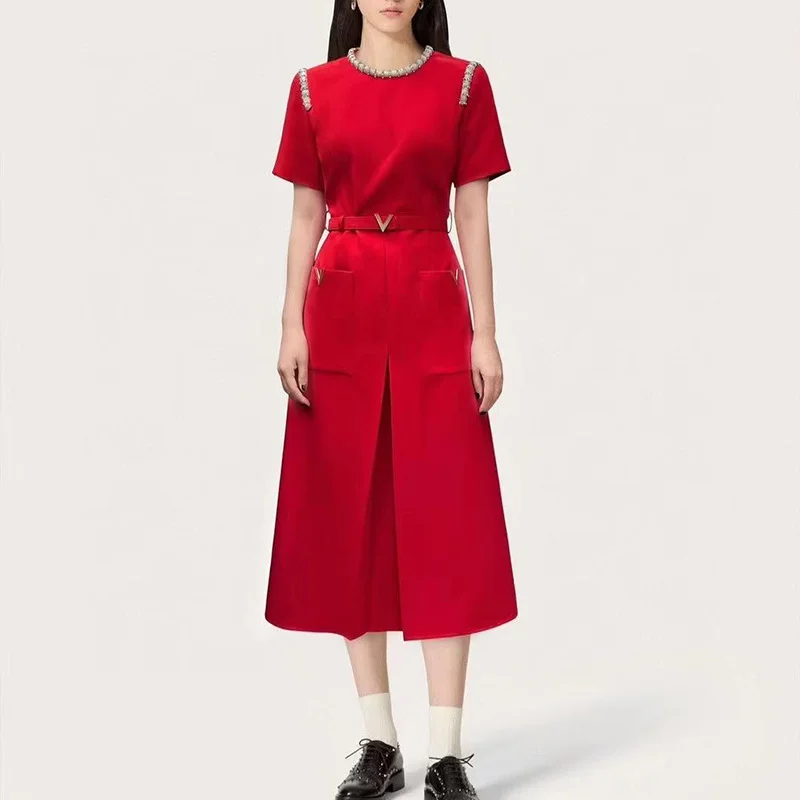 Churchf Churchf Temperament Elegant Dress 2025 Autumn And Winter New Diamond Belt To Collect Waist Slim Slim Dress Female Autumn Tide