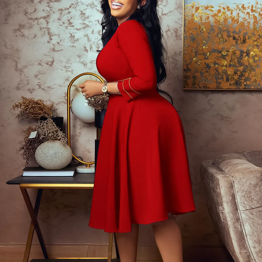 Plus Size  Midi Dress with Gold Trim, 3/4 Sleeve A-Line Formal Dress