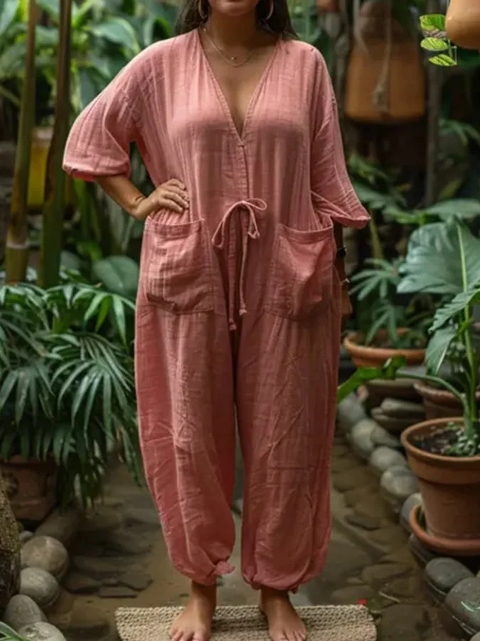 Women's Casual Solid Color Cotton Jumpsuit