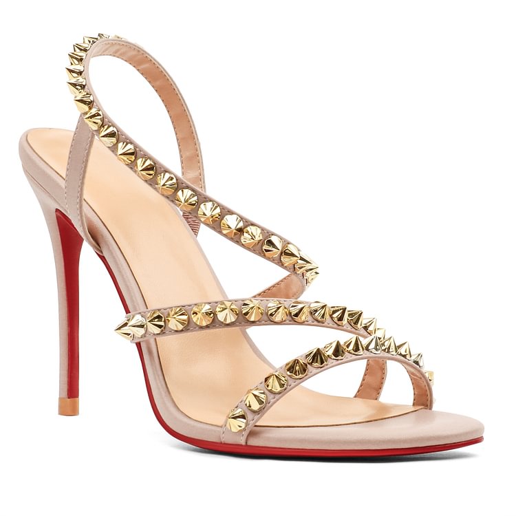 100mm Cross Heel Elastic Strap Gold Studs Red Bottoms Party Stiletto Sandals Pumps Vocosi VOCOSI