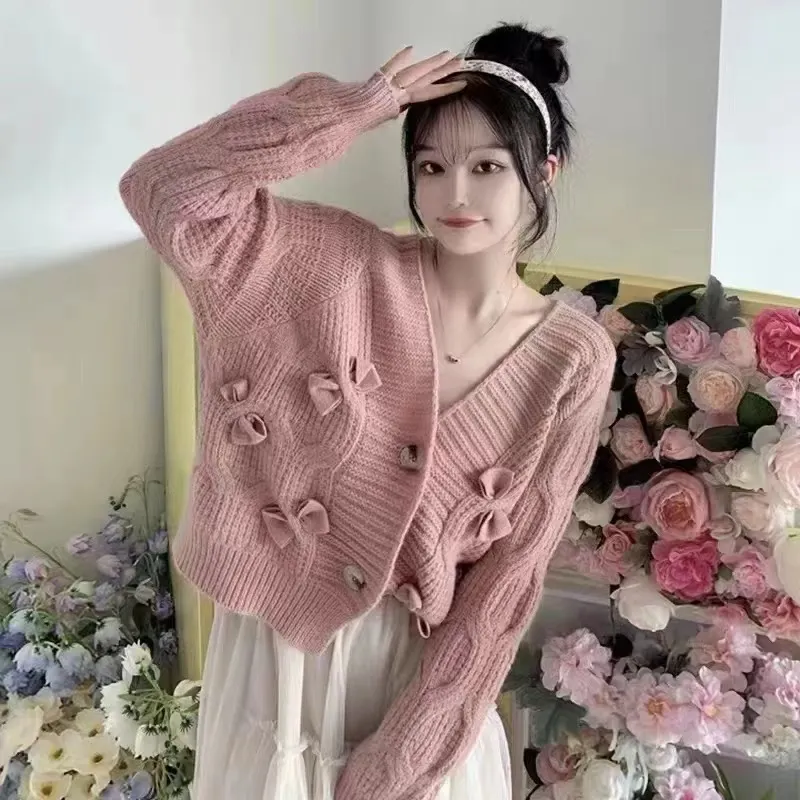 Churchf Churchf Outfit New Temperament Loose Outside Wear Knit Jacket Female Design Sense Bow Short Sweater Cardigan Coat Female