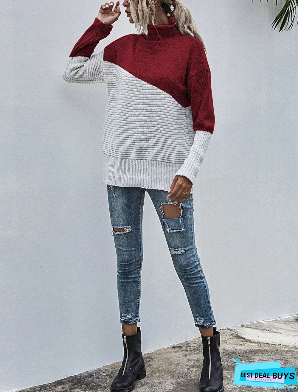 Color-Blocking Sweater Women's Autumn and Winter New Contrast Color Pullover Sweater