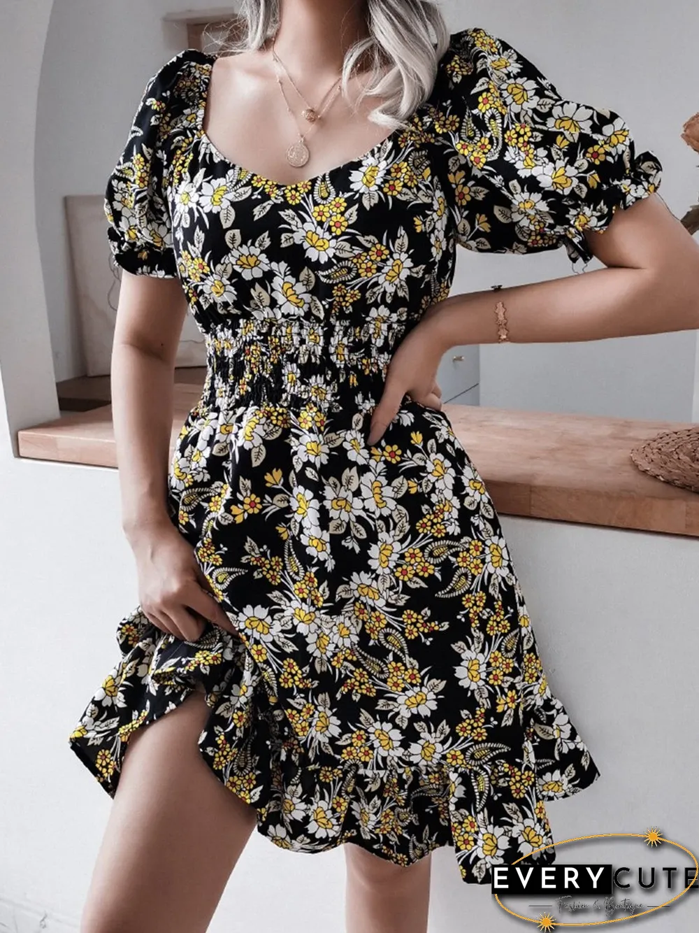 Fashion Casual Print Split Joint Square Collar A Line Dresses P11519