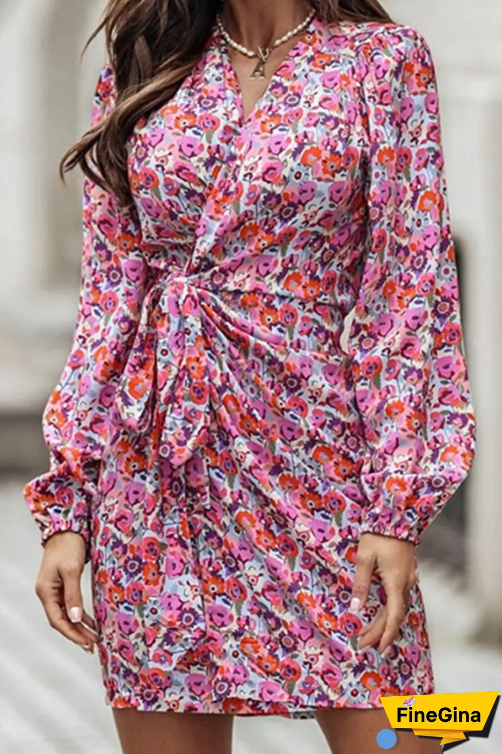 Casual Print Split Joint V Neck Waist Skirt Dresses(4 Colors)