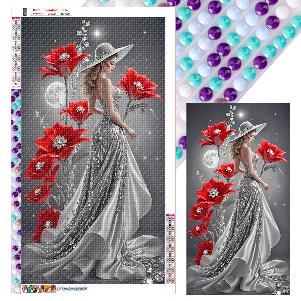 Red Flower Moon Lady 40*70cm(canvas) full round drill diamond painting