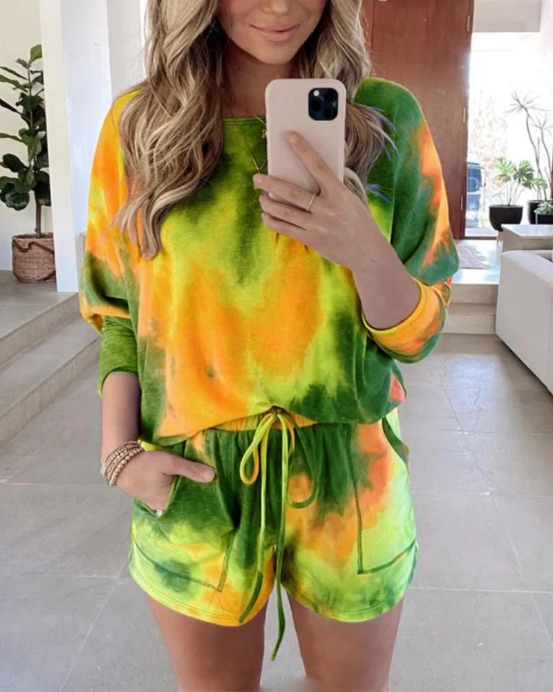 hirigin New Tie Dye Colorful 2Pieces Sets Women Tracksuits Casual Long Sleeve Pullovers Lace Up Shorts with Pockets Outfits