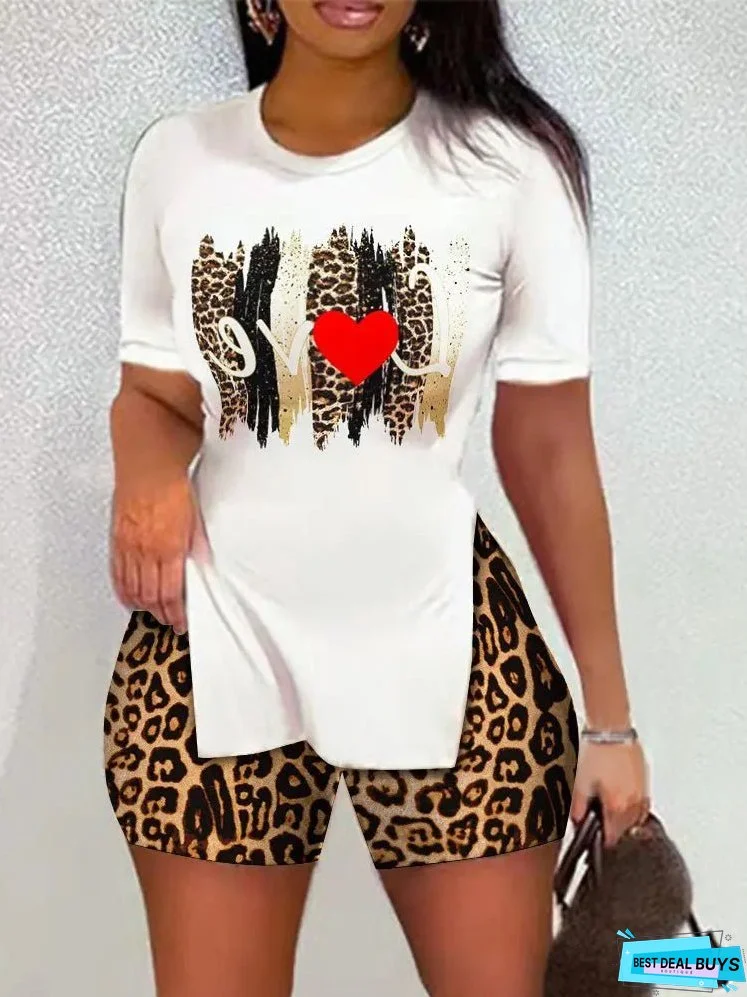 Sets Printed Short Sleeve Split T-Shirt & Shorts Two Piece Set for Women
