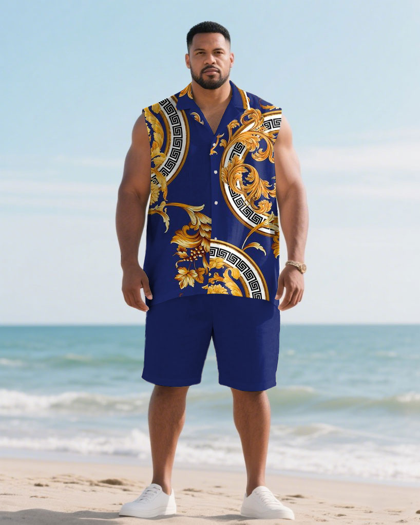 Hawaiian Men's Plus Size-Baroque Printed Blouse Shorts Suit