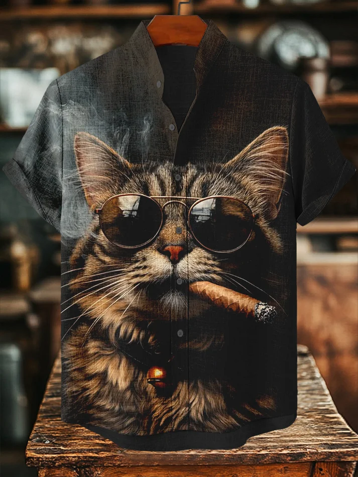 Men's Cool Sunglasses Cat Boss Smoking A Cigar Art Print Casual Shirt