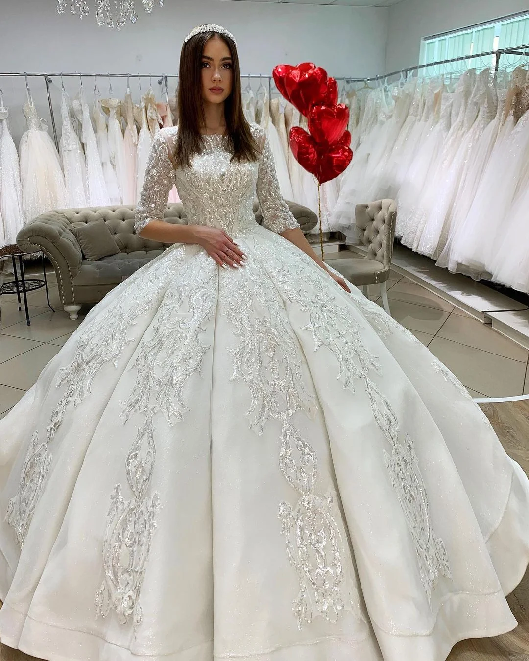 Beautiful Long Ivory A-line Satin Princess Wedding Dress With Pearls