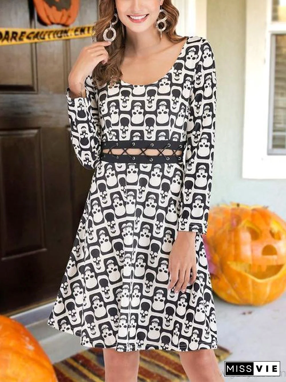 Halloween Skull Print Midi Dress