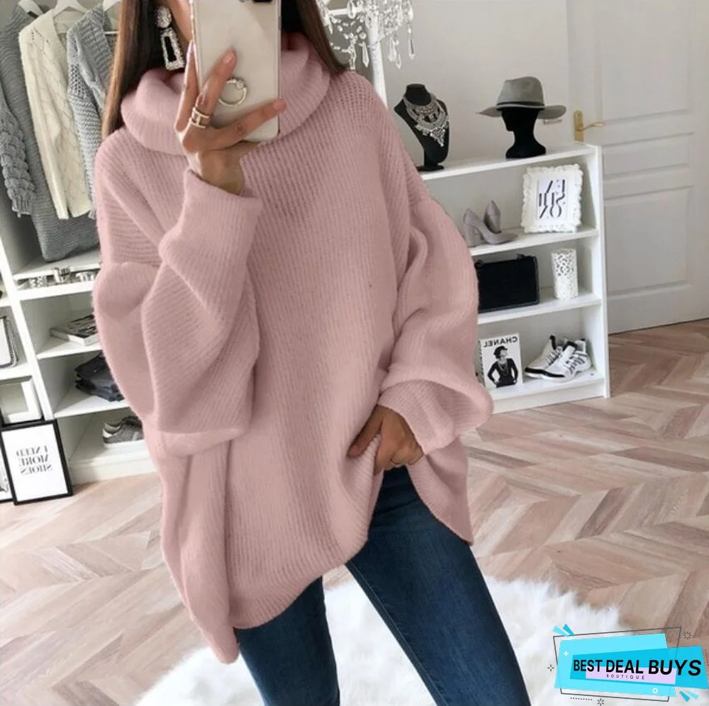 Solid Color Turtleneck Knit Top Sweater